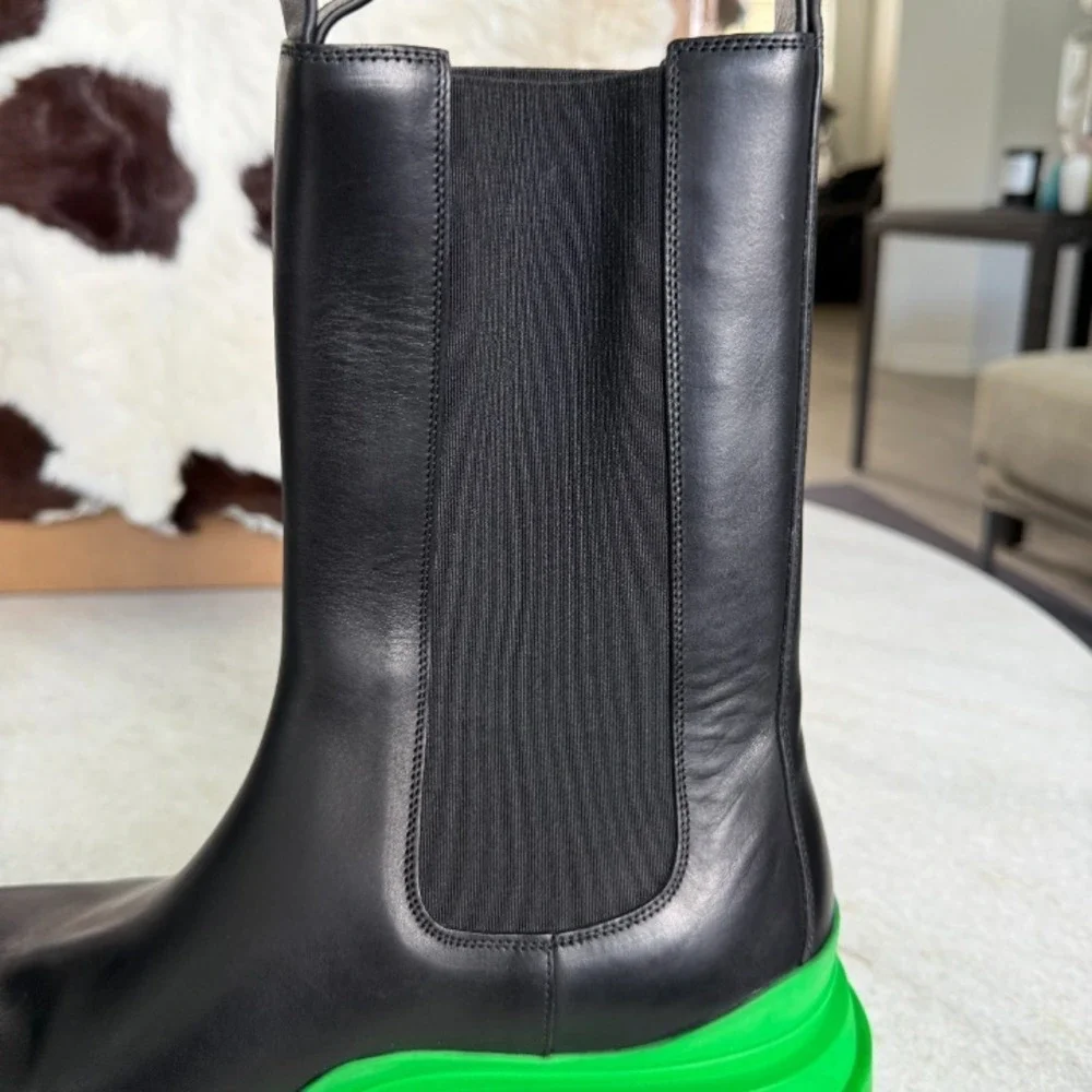 Bottega Veneta 630284 Military Calf Black Leather BV Green Black Tire Boots, 44+